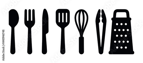 Kitchen utensils silhouette icons set – solid style cookware, baking, and culinary symbols for food preparation: spoon, fork, knife, spatula, whisk, tongs, grater.