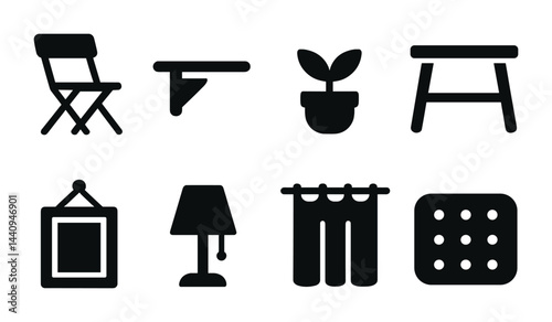 Home decor silhouette icons set – solid style interior design, furniture, and decoration symbols for styling spaces: chair, table, plant, frame, lamp, curtain, cushion