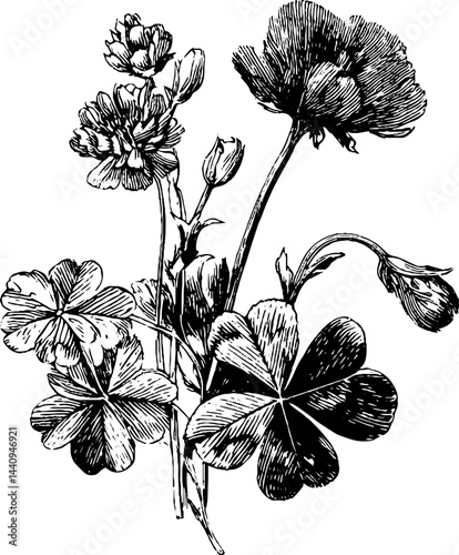 Botanical engraving of bachelor’s button and clover flowers for design and decoration