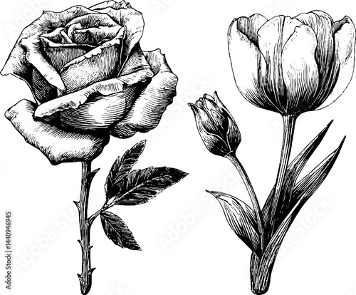 Elegant botanical engraving of rose and tulip illustrations for vintage floral design