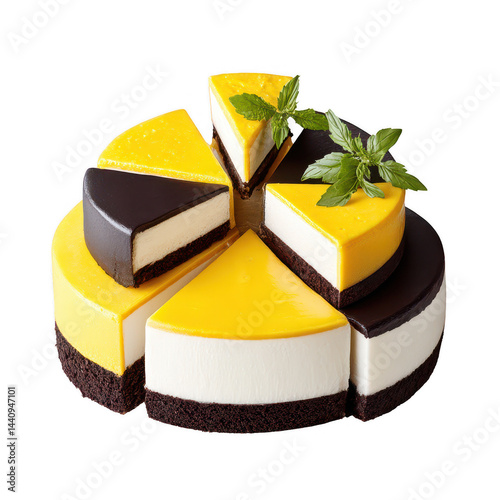 Delicious cake slices in yellow and chocolate with mint leaf arrangement