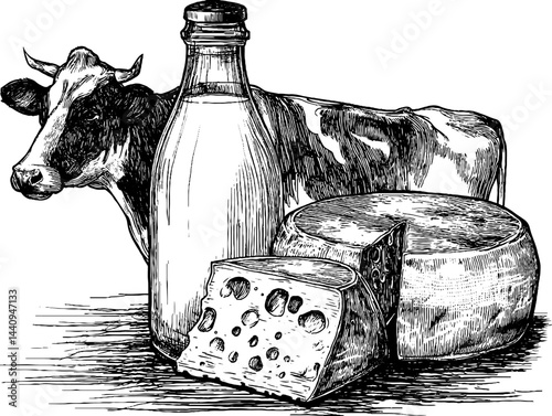Rustic dairy delights: engraved illustration of milk bottle, cheese, and cow