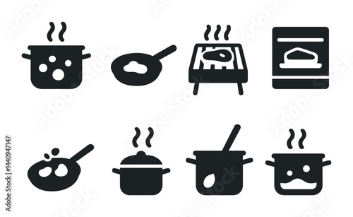 Culinary cooking icons set – solid style kitchen, recipe, and gourmet symbols for food preparation: pot, pan, grill, oven, ladle, stew, boil, simmer.