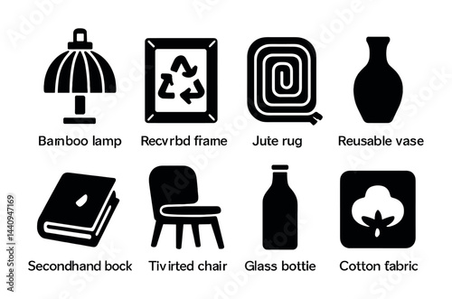 Eco-friendly home decor silhouette icons - sustainable living, green design, and eco decor symbols: bamboo lamp, recycled frame, jute rug, reusable vase