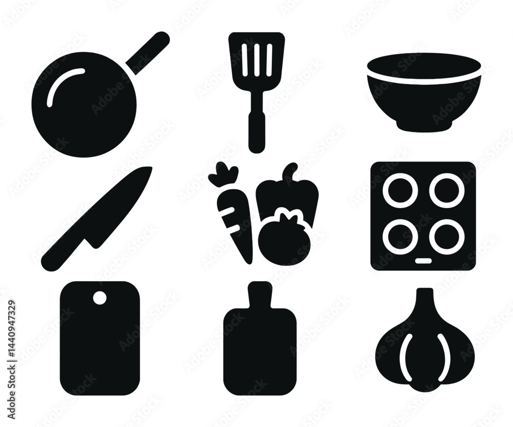 Fototapeta premium Kitchen essentials silhouette icon set – flat style cooking, culinary, and food preparation tools: pan, spatula, bowl, knife, cutting board, vegetables, stove, garlic.
