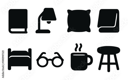 Cozy home essentials icon set – solid style household, comfort, and interior symbols for living space design: book, lamp, pillow, blanket, bed, glasses, mug, stool.