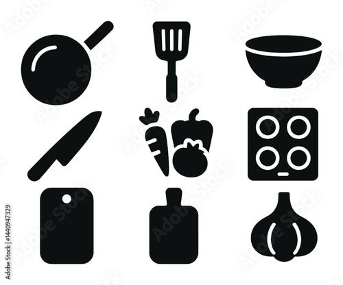 Kitchen essentials silhouette icon set – flat style cooking, culinary, and food preparation tools: pan, spatula, bowl, knife, cutting board, vegetables, stove, garlic.