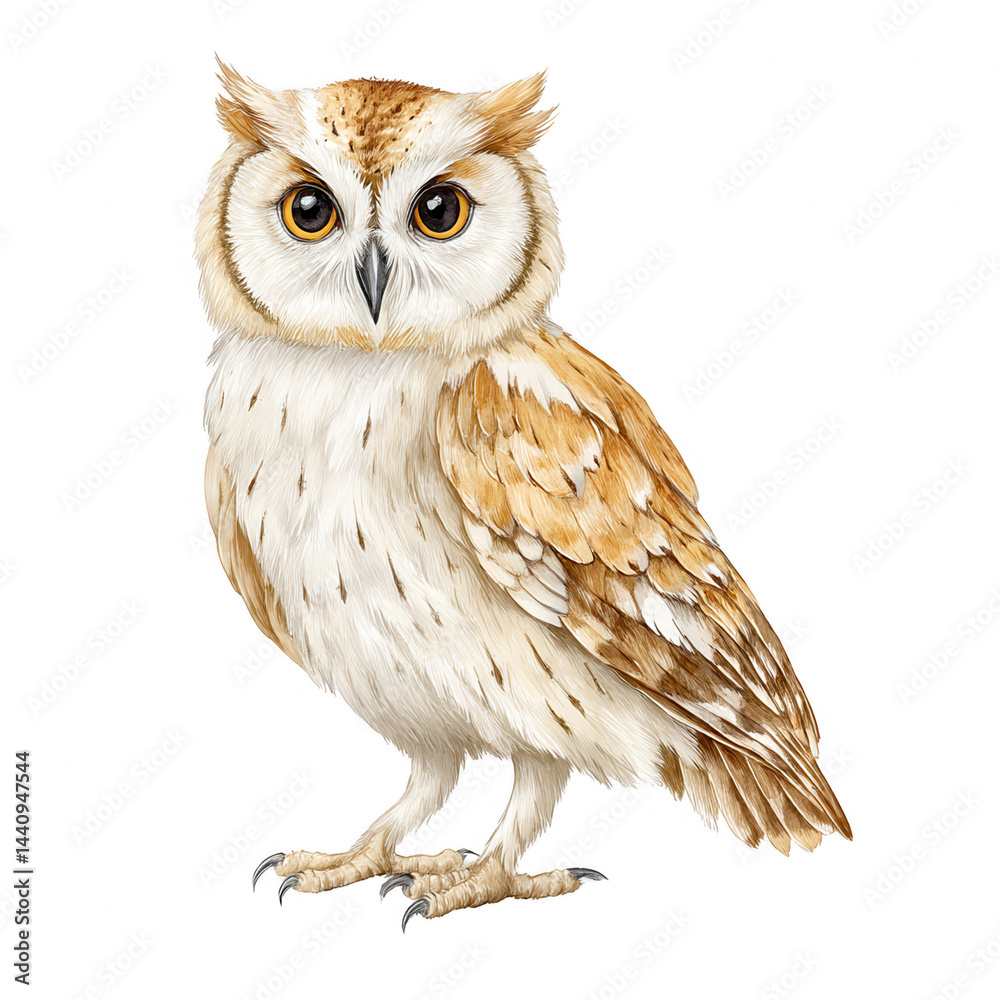 Fototapeta premium Watercolor illustration shows a detailed cute owl on a white background.