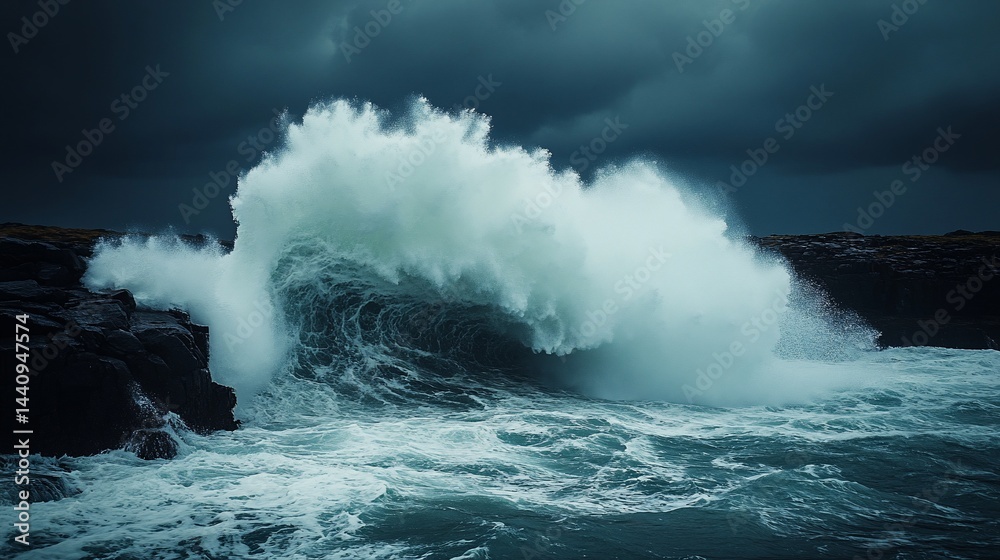 Crashing ocean wave breaking on black rocks against a dramatic stormy sky Crashing ocean wave breaking on black rocks against a dramatic stormy sky