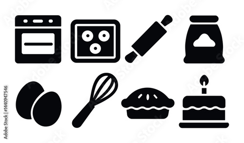 Baking essentials icon set – solid style culinary, kitchen, and pastry tools for cooking: oven, rolling pin, flour bag, eggs, whisk, pie, cake.