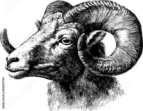 Engraved ram illustration with bold black lines for print and poster design