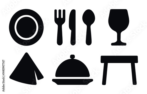 Dining and tableware silhouette icons set – solid style kitchen, culinary, and restaurant symbols for cooking essentials: plate, fork, spoon, glass, napkin, dish, table.