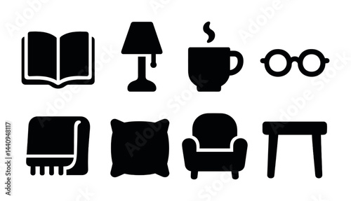 Cozy home essentials icon set – solid style comfort, decor, and leisure symbols for interior design: book, lamp, coffee cup, glasses, blanket, pillow, armchair, table.