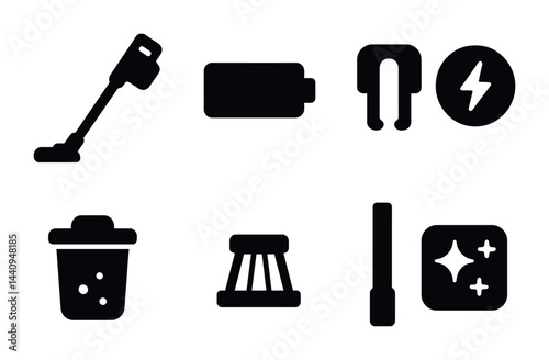 Home cleaning solid icons set – 3d style housekeeping, maintenance, and hygiene tools: vacuum, battery, charger, trash can, mop, sparkle, dustbin