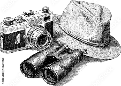 Vintage engraved illustration of toy camera, binoculars, and hat for retro design