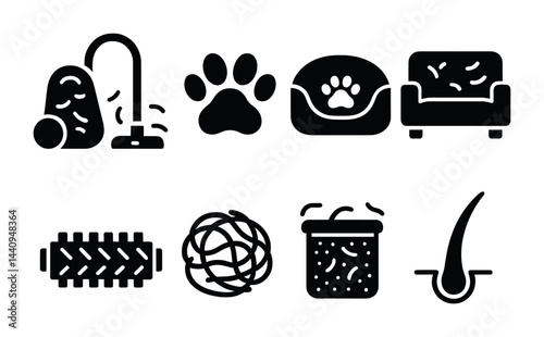 Pet hair and cleaning icon set – solid style grooming, hygiene, and maintenance symbols: vacuum, paw print, cat bed, couch, lint roller, fur ball, hair removal