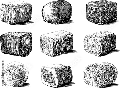 Vintage engraved illustrations of various hay bales for rustic decor and agricultural designs