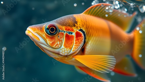 Fish, aquatic, underwater, colorful, vibrant, close-up, detailed, scales, fins, gills, eyes, iridescent, orange, yellow, black, white, blue, teal, shimmering, translucent fins, flowing fins, water,
