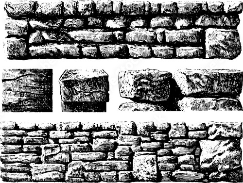 Engraved stone wall illustration set for architectural design and print