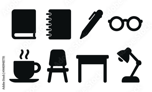 Office essentials silhouette icons set – solid style workplace, stationery, and furniture symbols for office design: book, notebook, pen, glasses, coffee, chair, desk, lamp.