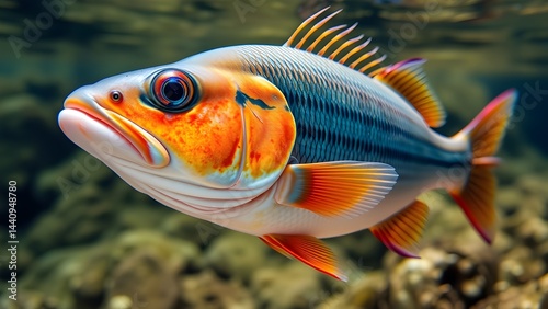 Fish, aquatic, underwater, colorful, vibrant, close-up, detailed, scales, fins, gills, eyes, iridescent, orange, yellow, black, white, blue, teal, shimmering, translucent fins, flowing fins, water, 