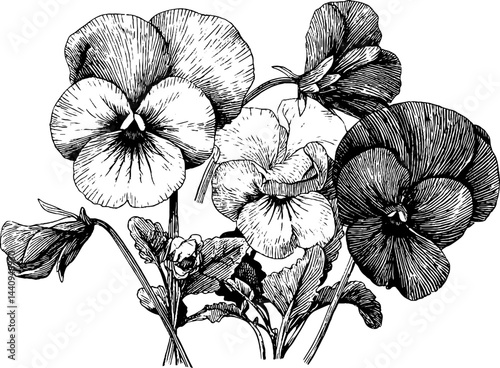 Detailed engraved illustration of viola and pansy flowers for botanical design