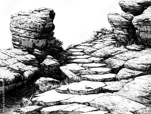 Engraved illustration of a rocky path in a rugged landscape