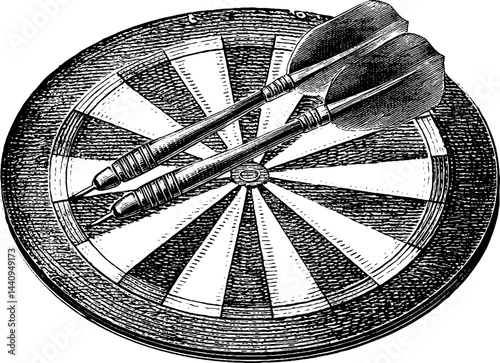 Vintage engraved dartboard with darts illustration for game room decor