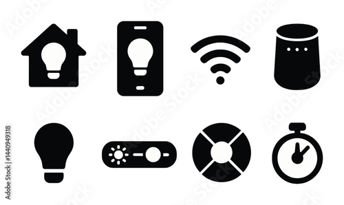 Smart home technology icons set - filled silhouette style: automation, connectivity, and iot symbols for modern living: light bulb, wifi, voice assistant, timer, switch, brightness control, home,