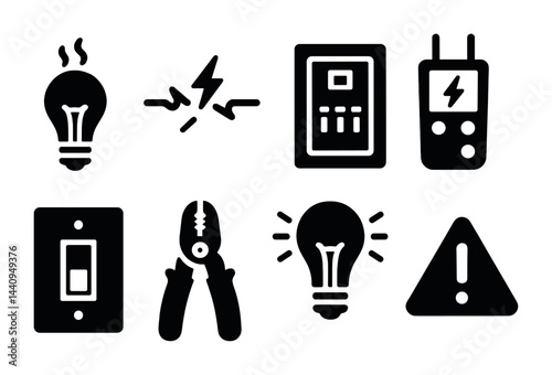 Electrical safety solid icons set – flat style power, industrial, and warning symbols for hazard prevention: lightbulb, circuit breaker, voltage meter, electric shock sign