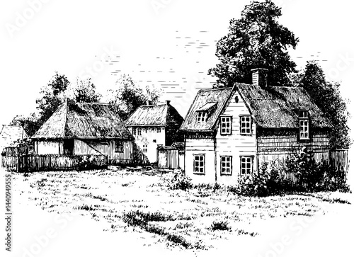 Traditional farmhouse engravings collection: rustic countryside scenes for design and decor