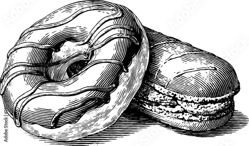 Vintage engraved illustration of doughnut and eclair for culinary art and design