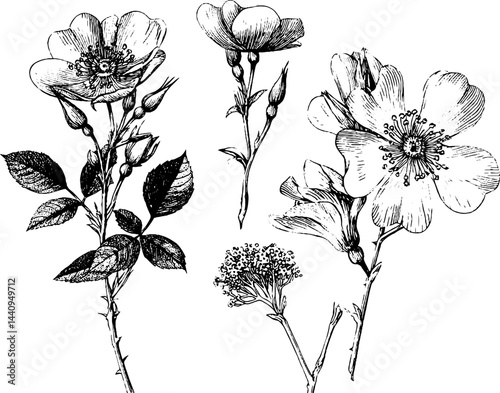 Engraved botanical illustration of wild rose and prairie plants for design and art projects