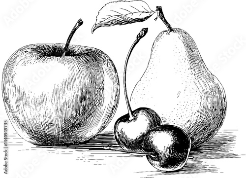 Engraved fruit illustration featuring apple, cherry, and pear for design and art projects