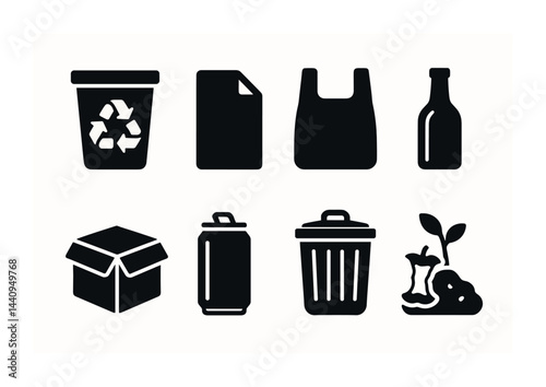 Waste management solid icons set – silhouette style recycling, sustainability, and eco-friendly symbols: recycle bin, paper waste, plastic bag, glass bottle, cardboard box, can, trash bin, compost.