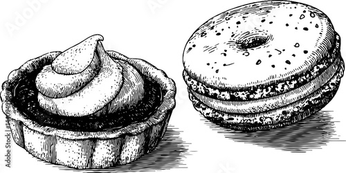 Detailed engraving of cream tartlet and macaron pair for culinary art design