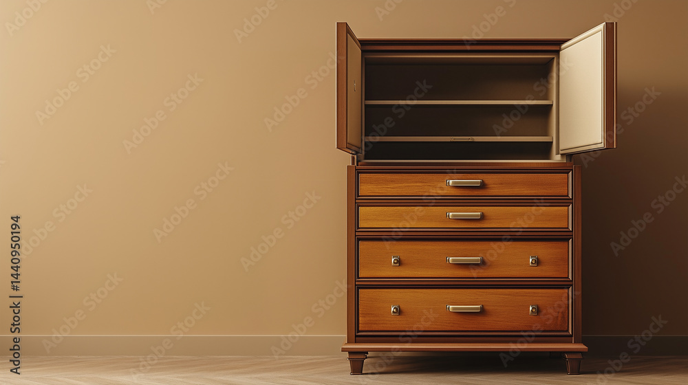 Fototapeta premium Wooden cabinet with open doors and empty shelves in a minimalist room featuring a warm wall color