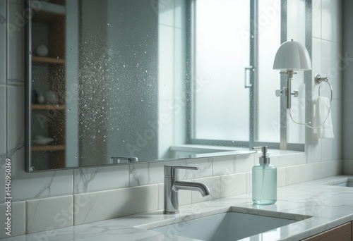 Modern bathroom sink with water-splashed mirror and sunlight through window.