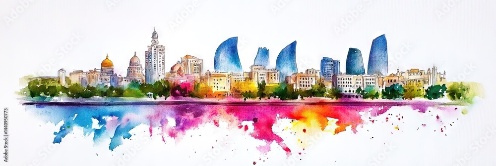 Obraz premium watercolor baku azerbaijan downtown skyline