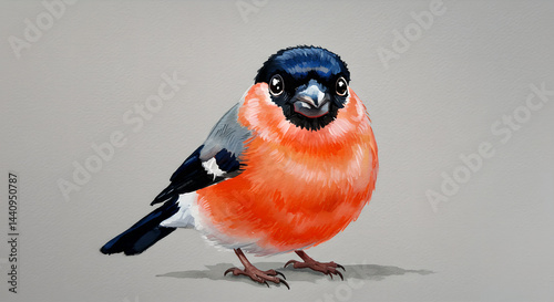 Hand-painted plump bullfinch bird with bright orange breast and dark blue head. Watercolor illustration style for nature and wildlife concept.