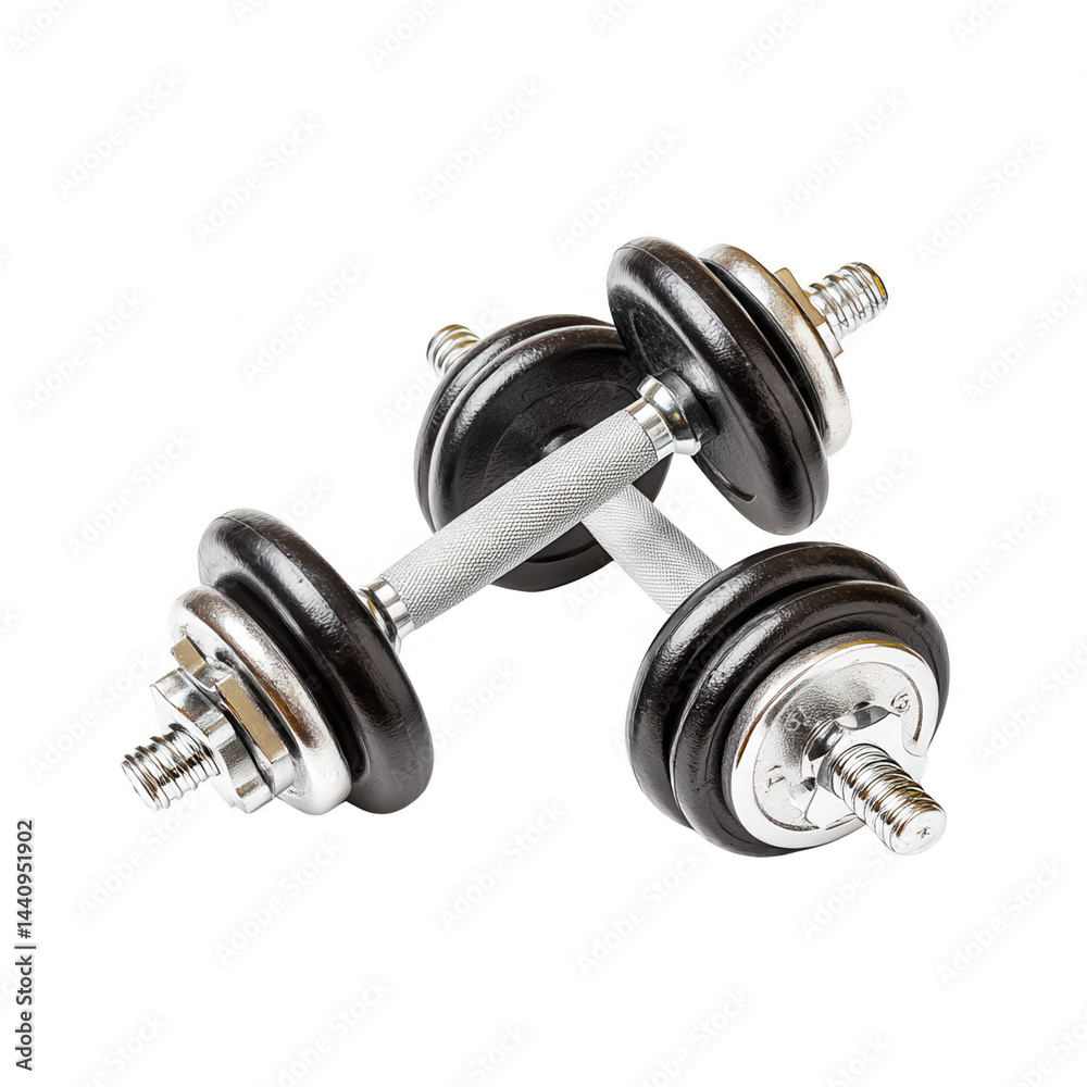 Two iron dumbbells sit on a white background in preparation for a workout.