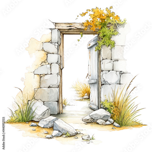 Watercolor painting displays an aged stone doorway overgrown with vegetation.