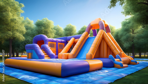 A large inflatable obstacle course with a blue and orange slide