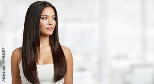 An attractive young woman with long, straight, shiny dark brown hair looks to the left against a light, blurred background with plenty of free space on the right. Free Download An attractive young woman with long, straight, shiny dark brown hair looks to the left against a light, blurred background with plenty of free space on the right. - GFXLoad
