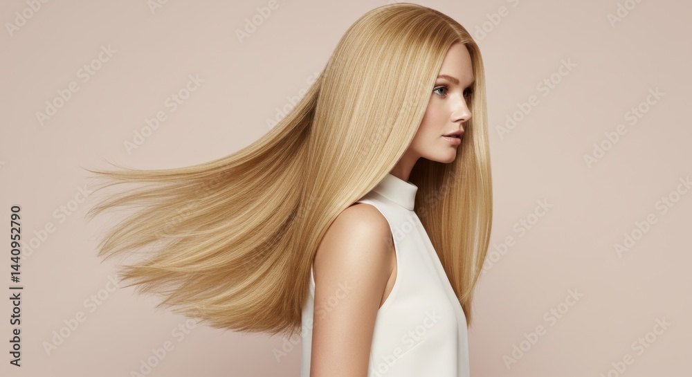 Naklejka premium Attractive young woman with long, straight, shiny platinum hair flowing in motion looking to the right against a soft beige background with plenty of free space on the right.