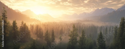 Misty mountain valley at sunrise.