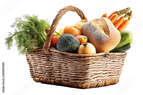 Fresh organic vegetables bread in rustic woven basket healthy food farm on transparent background