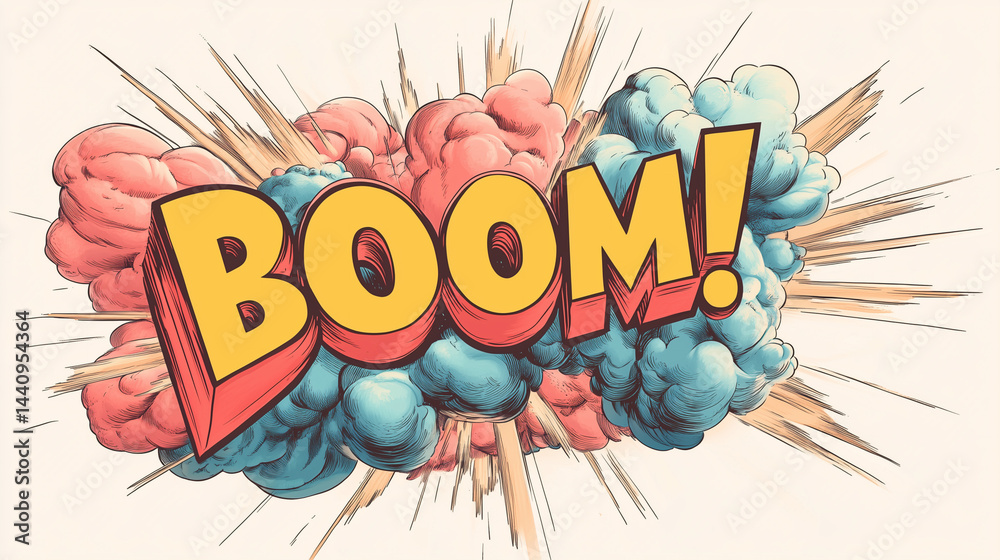 Fototapeta premium Comic book explosion graphic with vibrant colors and dynamic text illustrating excitement and energy