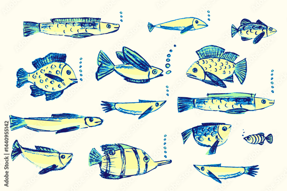 Naklejka premium Crayon hand drawn set of various fishes. Doodle shapes in yellow. green and blue. Cute sea pattern. Marine kids school background. Chalk sketch elements on white background. Vector illustrations