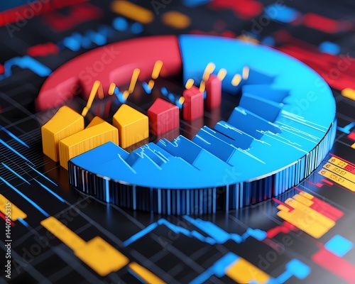 A close up of a colorful financial chart with rising and falling data points and bar graph elements